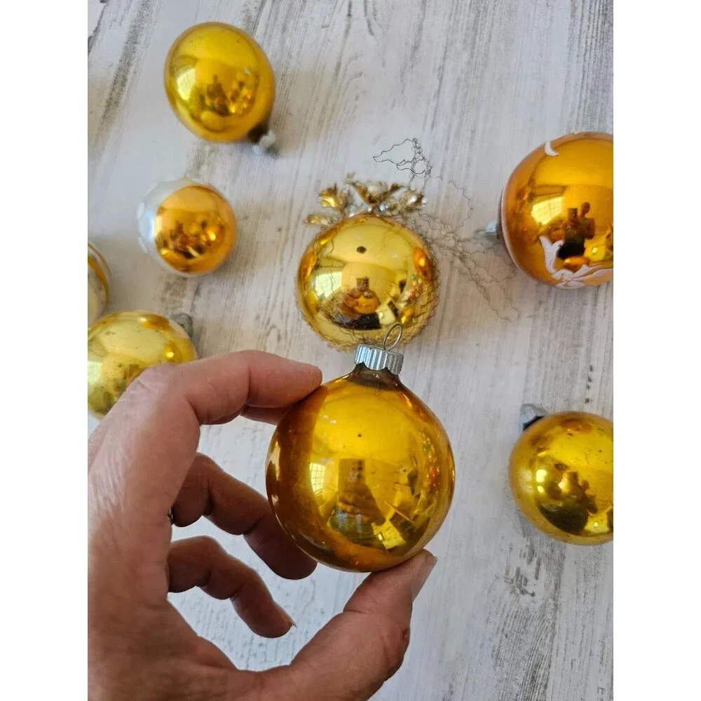 Vintage Mercury glass yellow ball ornament‎ set striped glitter tinsel